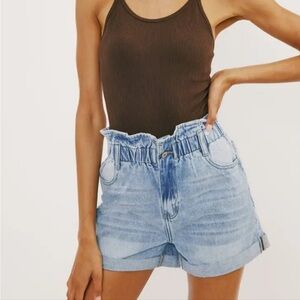 Kancan High Waisted Paper Bag Shorts in light denim. Never worn!